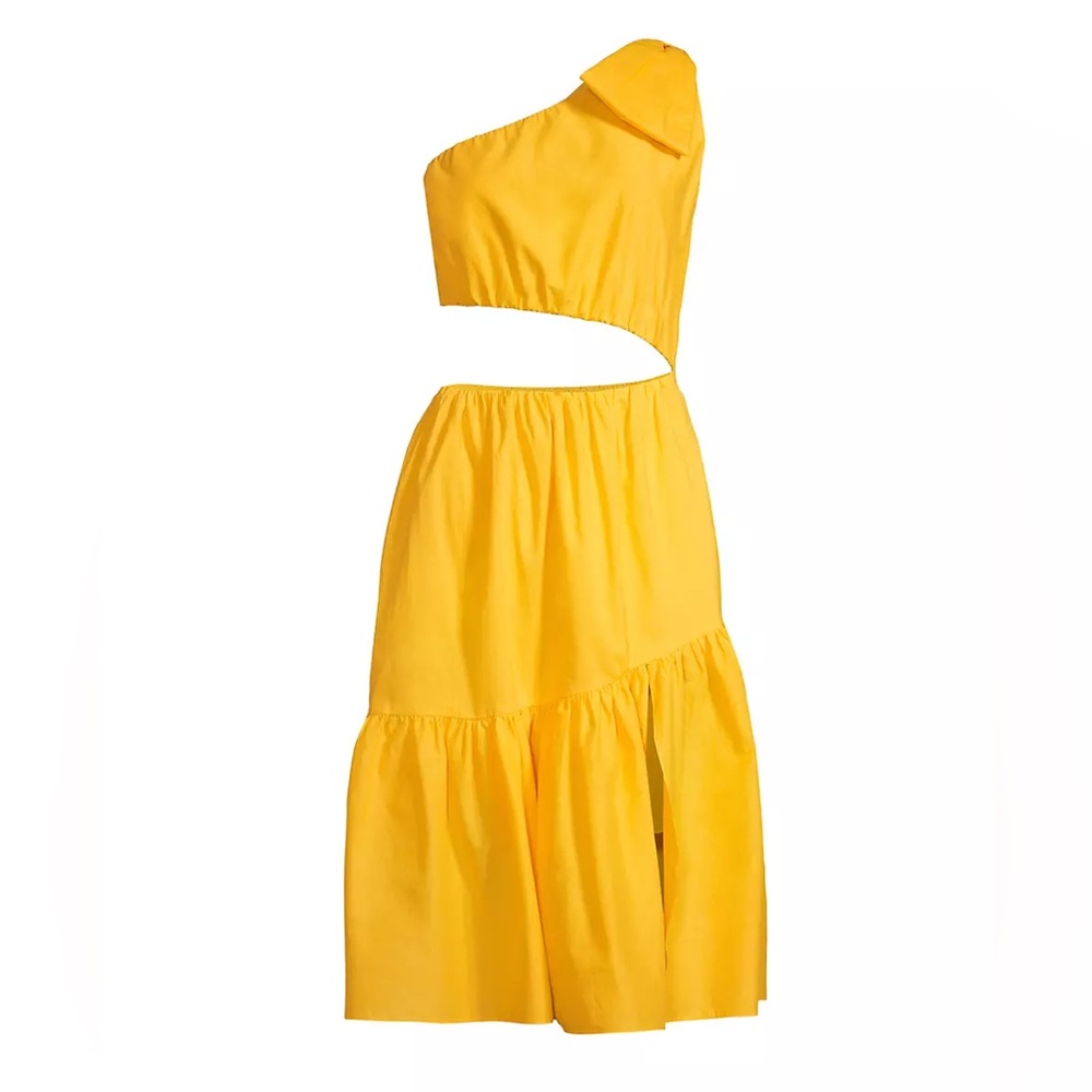 Black Halo Atlas Yellow Banana One Shoulder Bow Cut Out Midi Dress Vacation XS - Picture 10 of 11